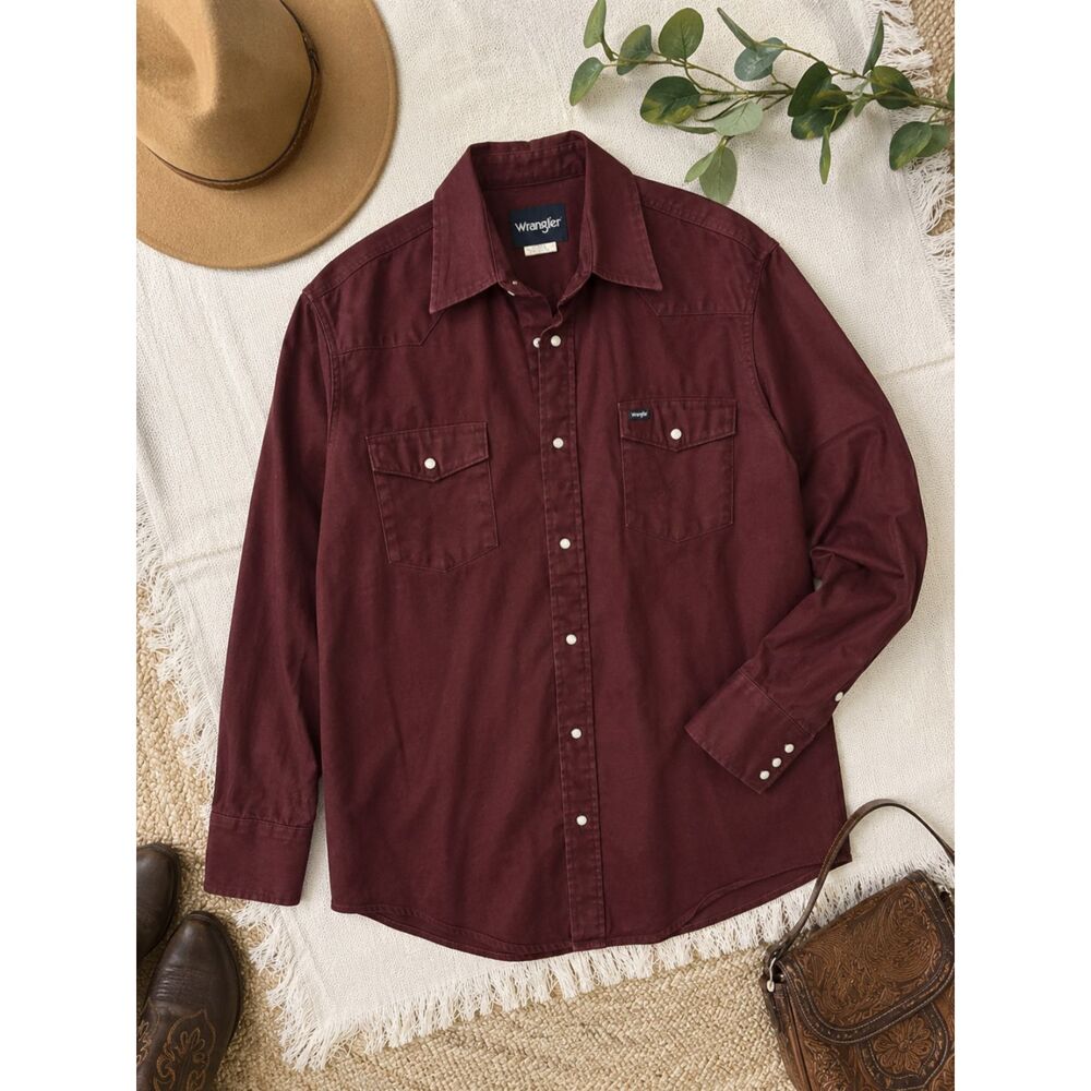 Wrangler Men's Burgundy Western Pearl Snap Shirt XLT Tall Long Sleeve Cowboy
